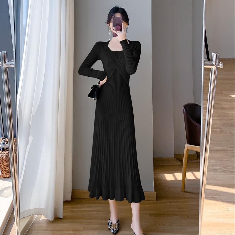 French Style Autumn Winter Women Ruffles Sweater Dress Pink Apricot Black Red Trumpet Knitting Dress Elegant Feminine Knitted Mermaid Dress