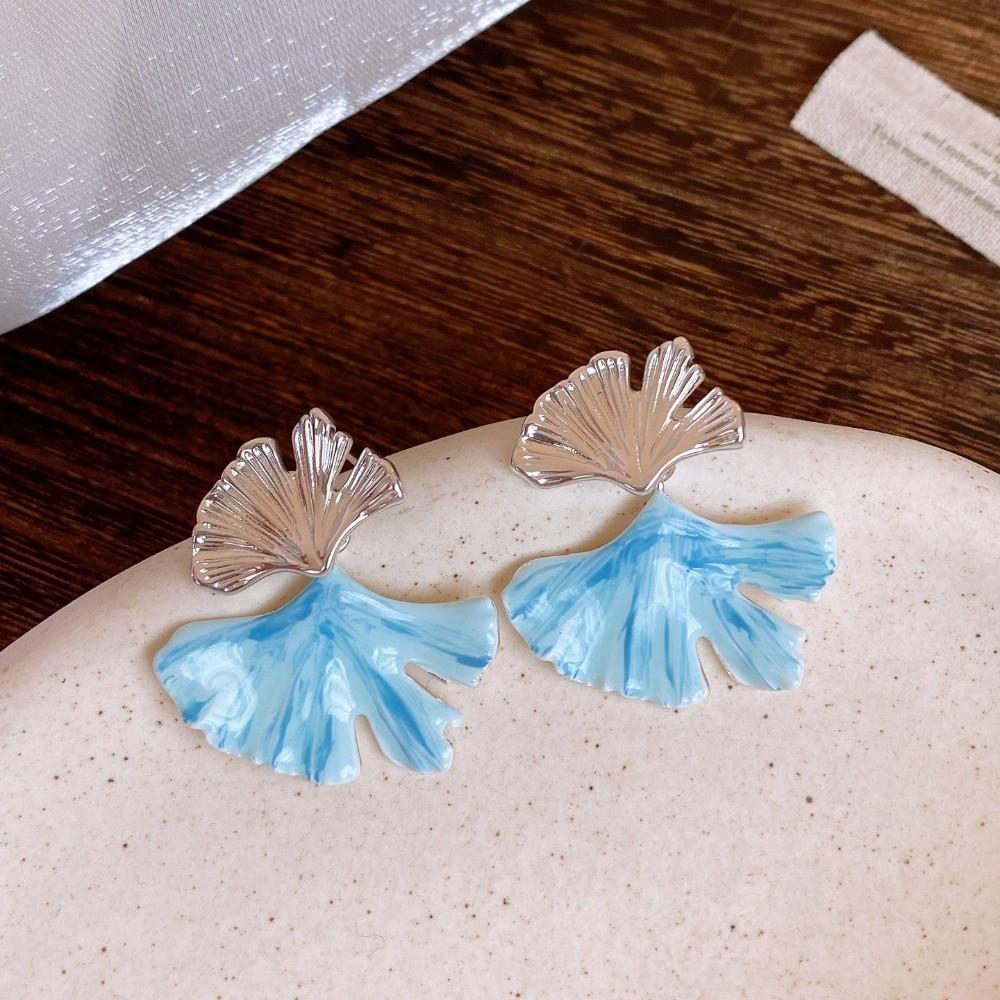 Elegant Double-layer Ginkgo Earrings Leaf Fan Shaped Blue Silver Ginkgo Ear Pendant Copper Oil Drip Earrings Jewelry Gift