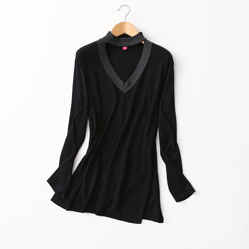 Export Plus Size Women's Clothing Fashion Contrast Color V-neck Hollowed Silk Cotton Knitwear Women's Autumn and Winter Pullover Bottoming Shirt