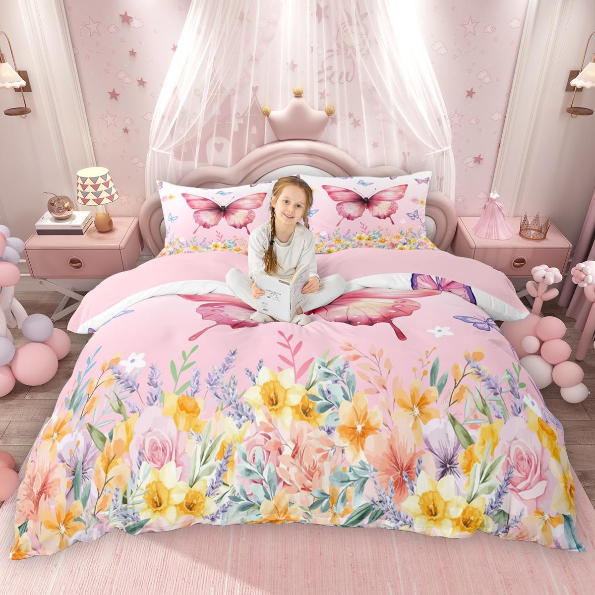 Homewish Chic Butterfly Duvet Cover Set for Girls, Spring Garden Flower Quilt Cover Set, Wild Animal Floral Bedding Set