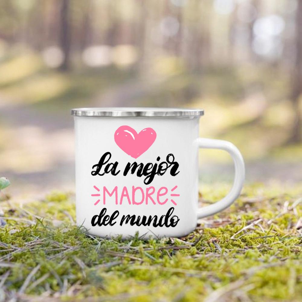 Creative Coffee Cups Best Mom In The Word Spanish Print Mug Camping Handle Mugs Handle Enamel Cup Festive Birthday Gifts for Mom