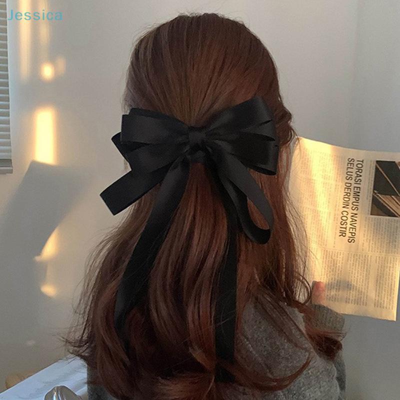 Big Bowknot Solid Satin Long Ribbon Bows Spring Clamp Women's Ponytail Hair Clip