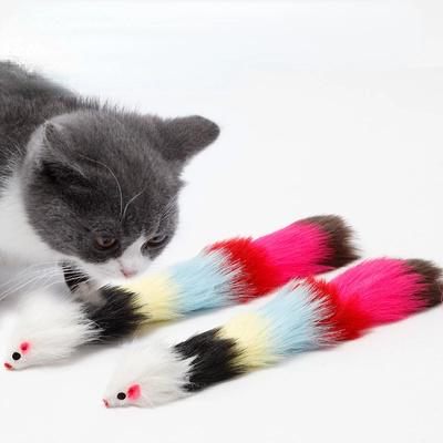 30 cm falsche Maus, Katzenspielzeug, langhaarige Mäuse mit farbigem Schwanz und Glöckchen, weiches echtes Kaninchenfell, Soundspielzeug für Katzen, Hunde, Katzen, lustiges Haustierspielzeug