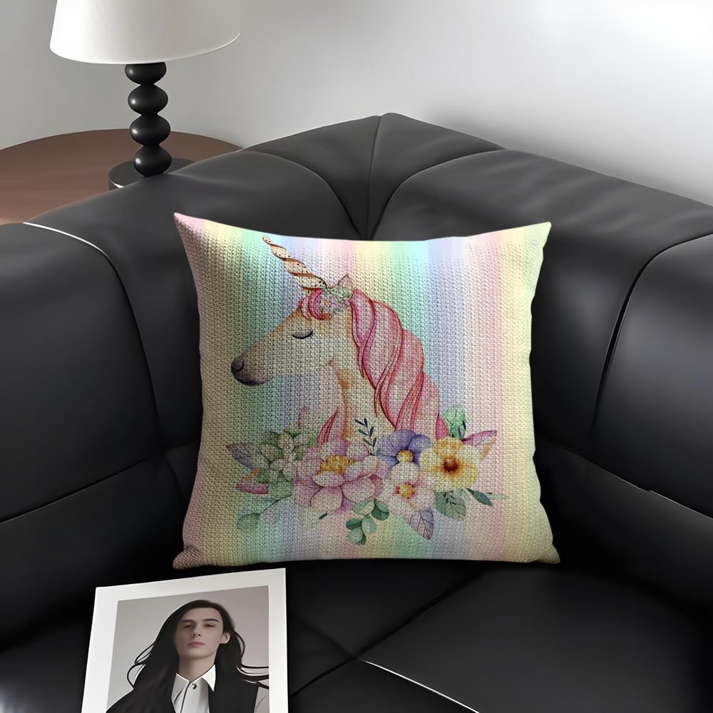 Unicorn Cute Cushion Cover Natural Linen Organic Fabric DoubleSided Printing Sofa Home Decor Gift Pillow Case