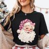 Pink Leopard Santa Shirt, Coquette Christmas Tee, Girly Vintage Santa Claus T-Shirt, Bow Holiday Graphic Shirt, Festive Christmas Gift