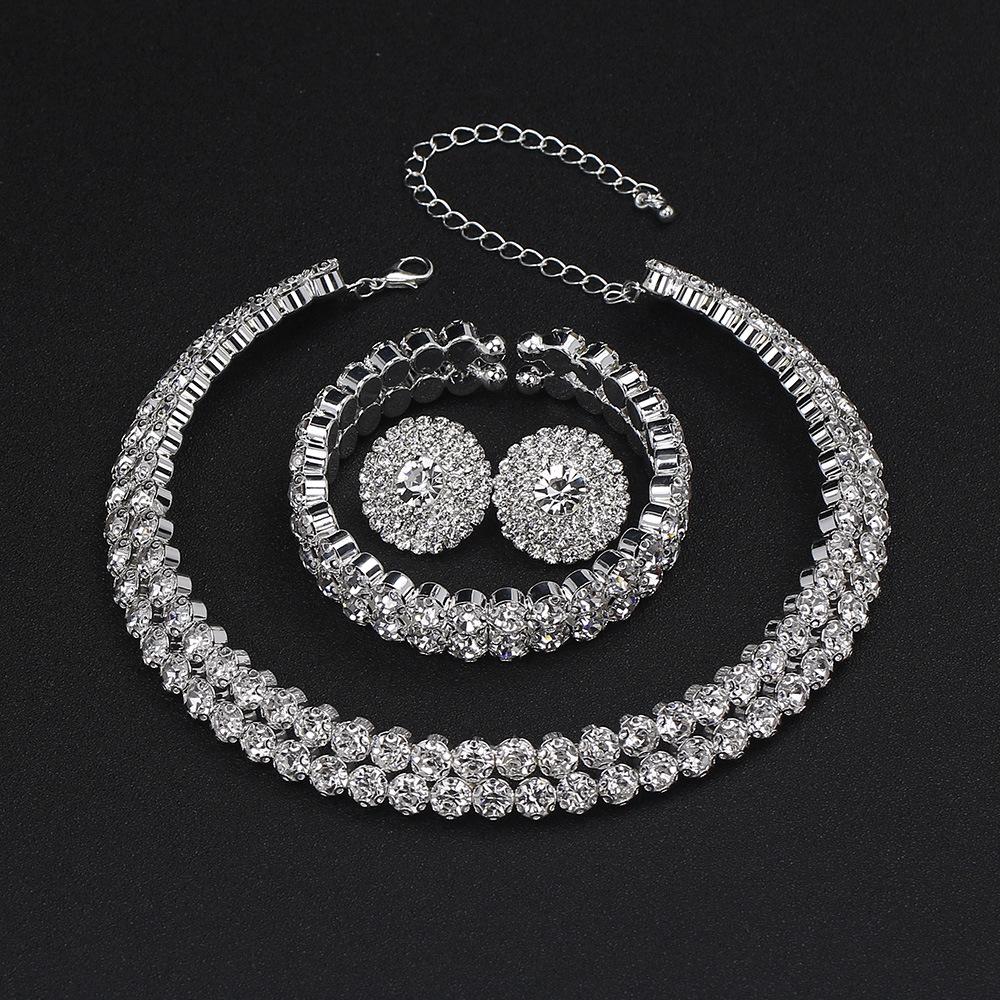 Bridal Rhinestone Jewelry Set: Double Row Necklace Earrings Bracelet Three - Piece Wedding Collection