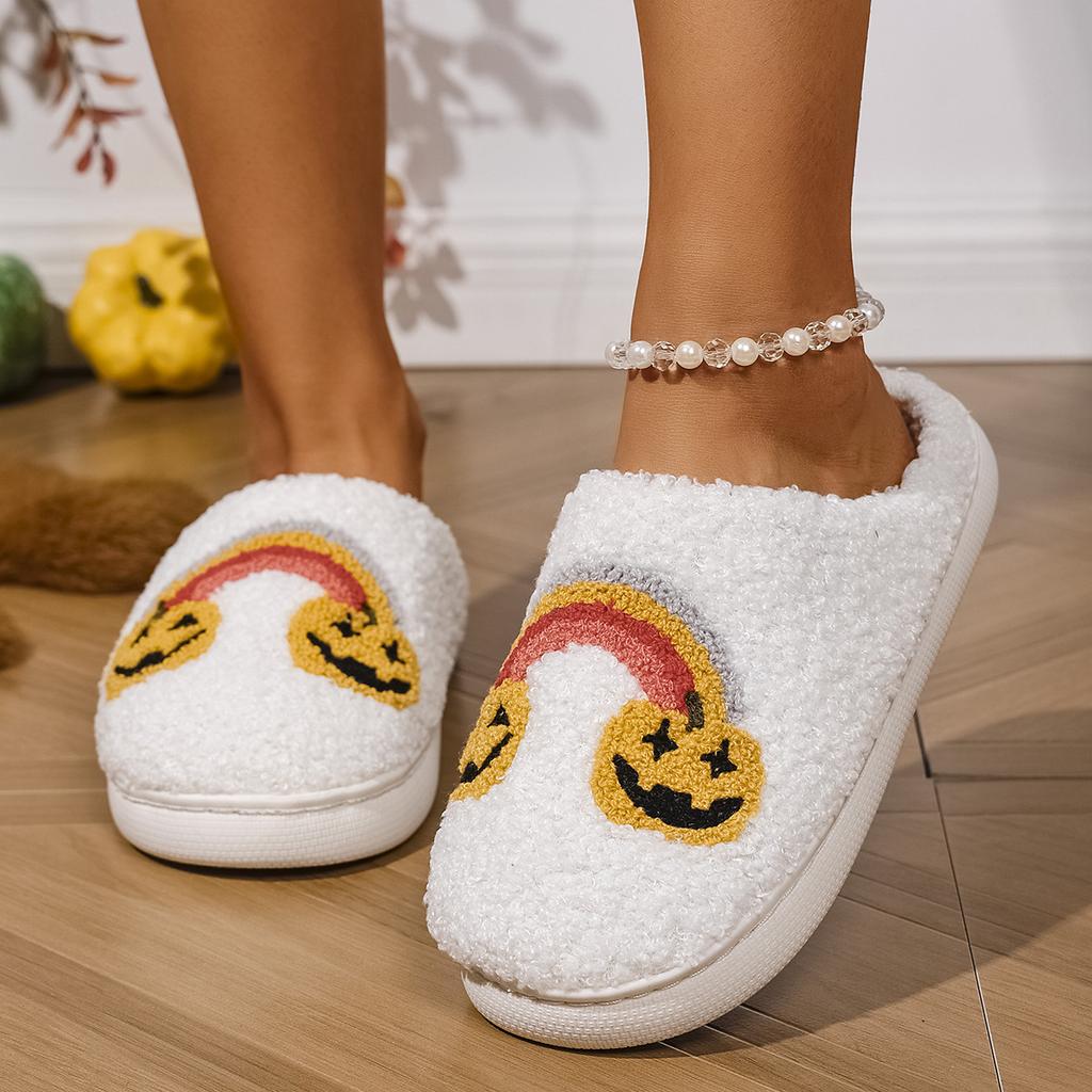Fashion Plush Home Thick-Soled Comfortable Plush Cotton Slippers with Rainbow Pattern Embroider, Cute Warm Non-Slip Indoor Slippers