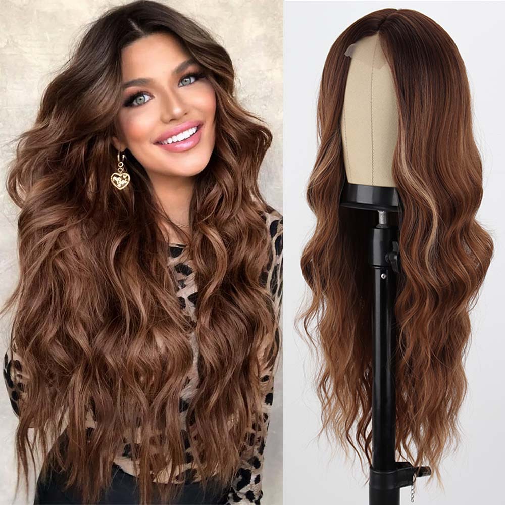 

Мисс парик Длинный черный волнистый парик для женщин Средняя часть вьющегося волнистого парика Естественный вид парик из синтетического термостойкого волокна для ежедневного использования на вечеринке 65cm