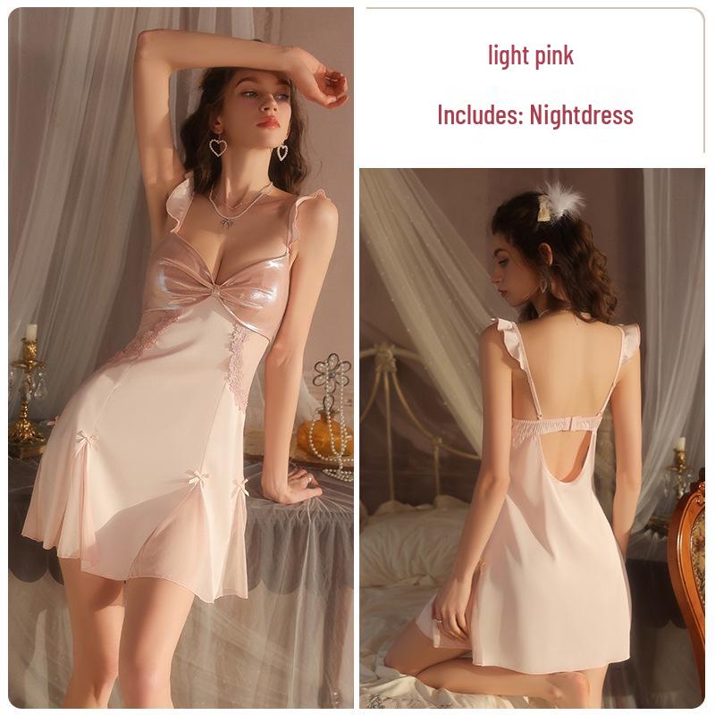 

Элегантный атласный пуш-ап ночной комплект белья с глубоким V-образным вырезом на спине L светло-розовый