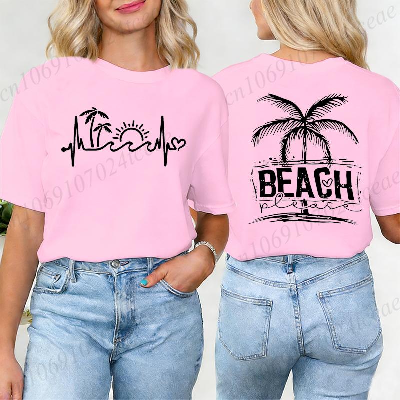 Summer Beach The Beach Is My Happy Place Graphic T Shirts Women Casual Short Sleeve O Neck Loose Fit Ladies Vacation Tee Tops