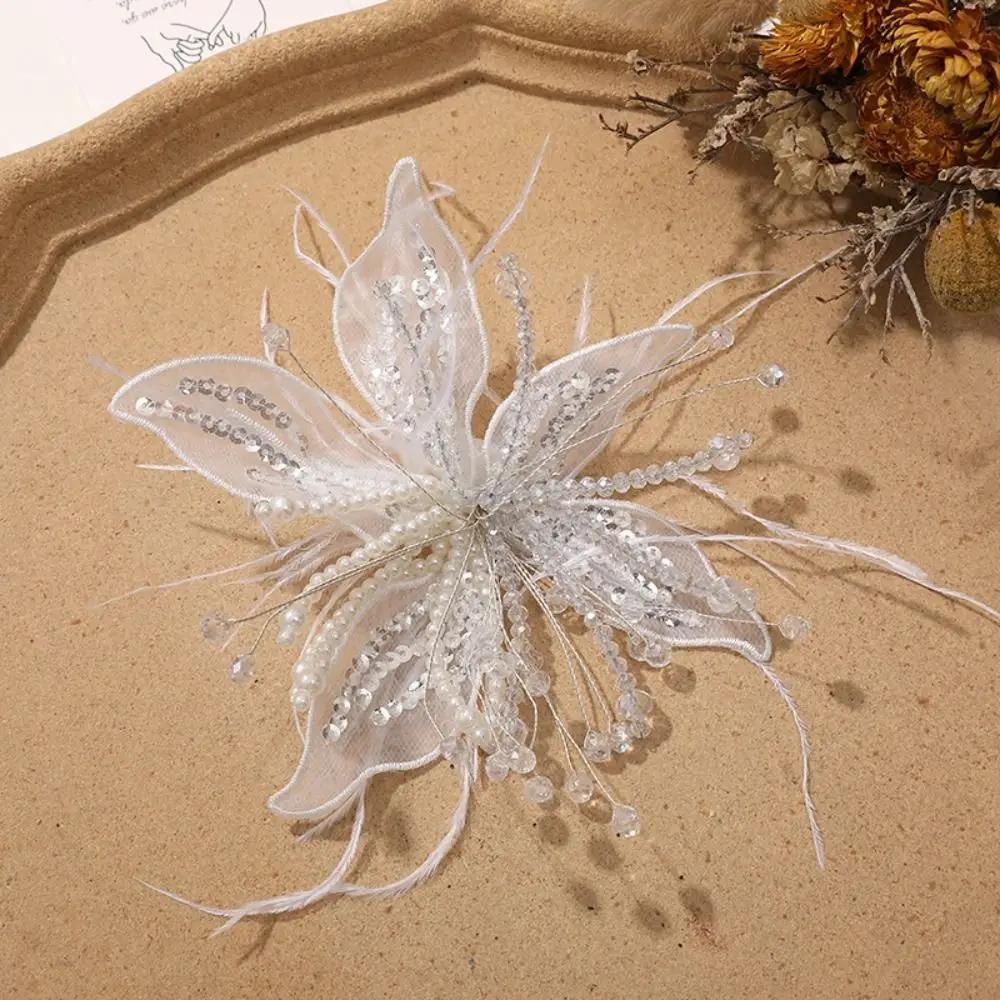 Feather Pearl 3D Organza Flower Patch Twisted Wire Crystal Flower Studded Patch Hand-made Multi-layer Embroidery Patch