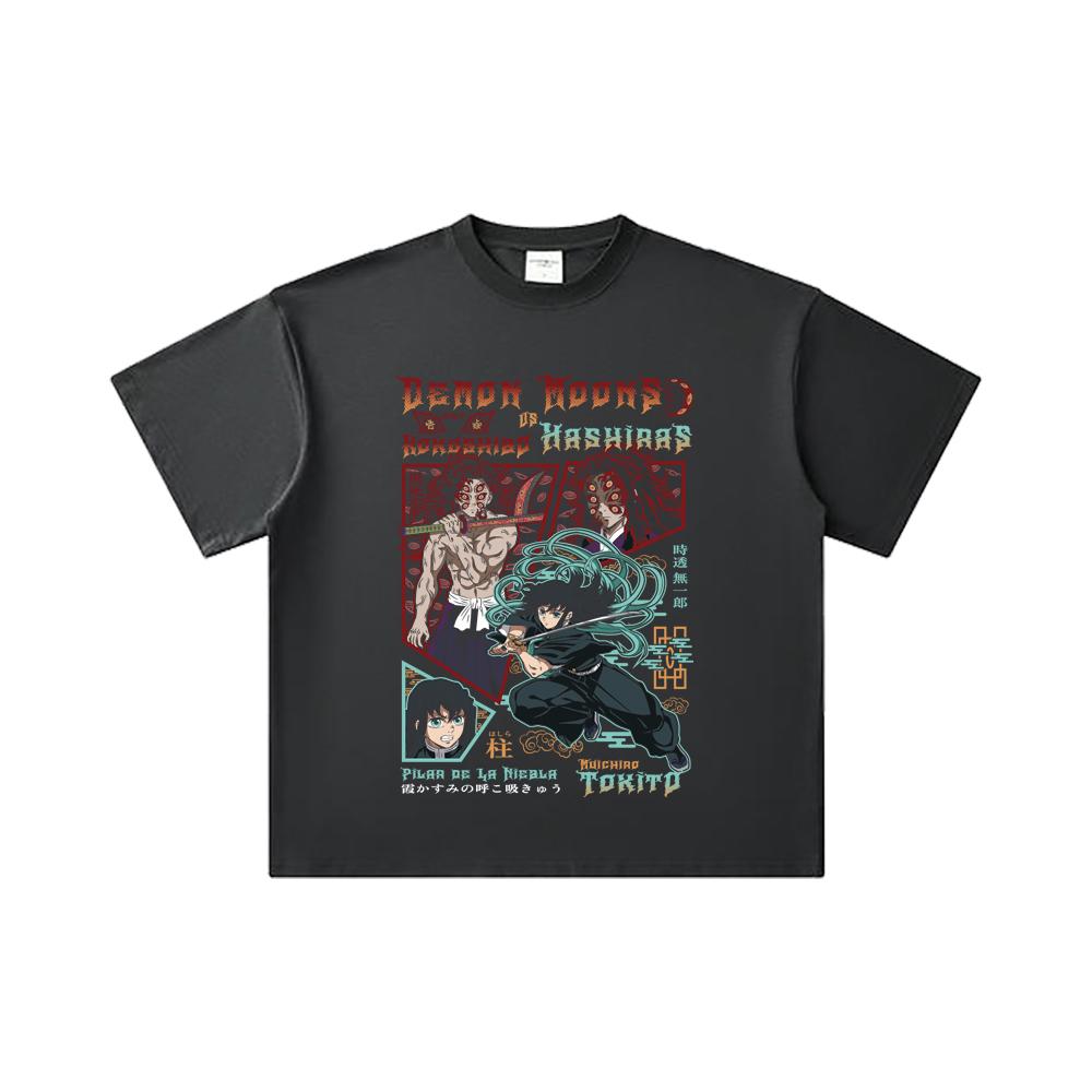 260 GSM Double Yarn 32 Count 100% Cotton Demon Slayer V93 Kokushibo x Tokito Print Unisex Heavy Cotton T Shirt