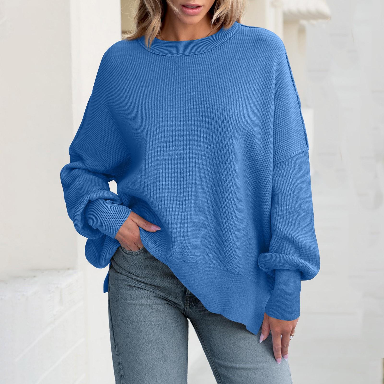 

Зимний новый свободный женский пуловер вязаный кардиган с длинным рукавом и круглым вырезом свитер для женщин L синий