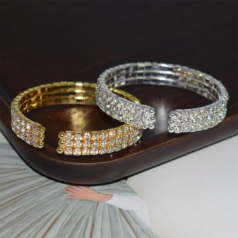 Multi-Row Rhinestones Bridal Wedding Bangles Gold/Silver Color Crystal Open Bracelet Women Wristband Elastic Jewelry