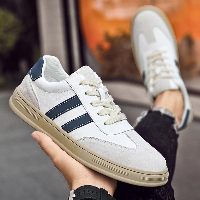 Men's Plus Size Quality Cowhide Skate Shoes, European Color Block Trendy White Casual Sports Sneakers