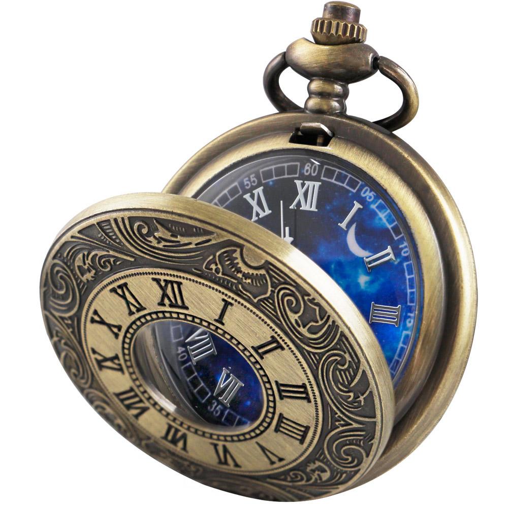 Pocket Watch Hollow Blue Starry Design Roman Numerals Vintage Quartz Pocket Watch with Chain Men's Pocket Watch