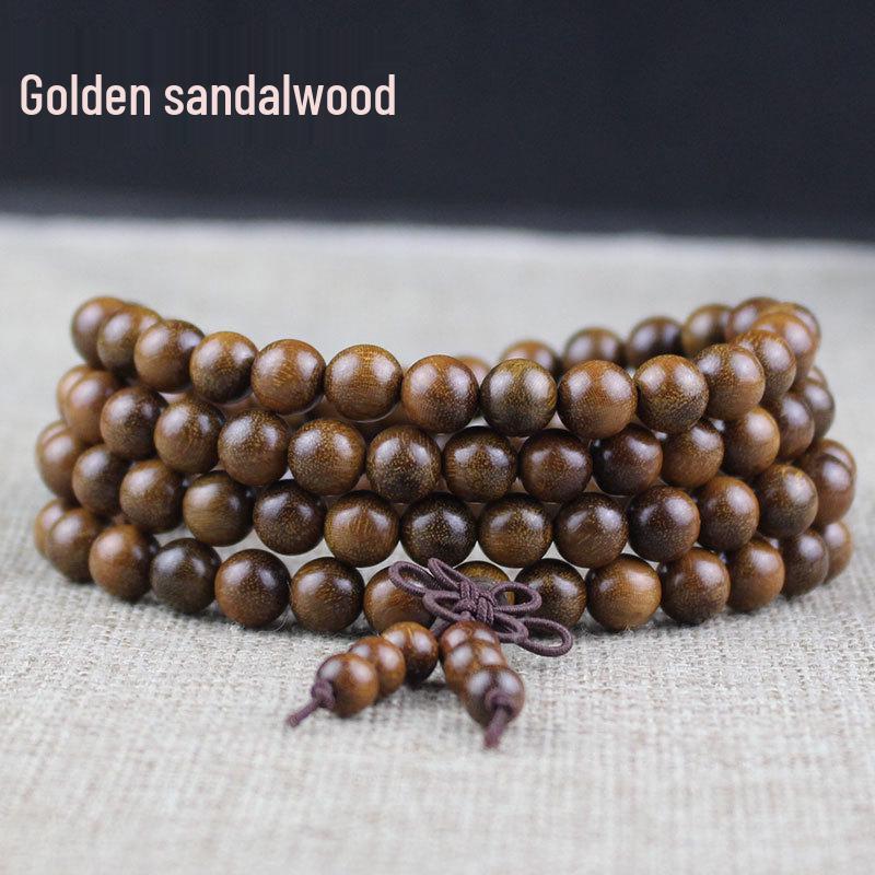 Golden Sandalwood Buddhist Prayer Beads Bracelet - 108 Beads, Wooden Wenwan Ornaments for Men, Women, Couples