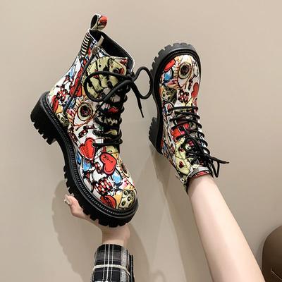 Buty damskie na platformie z nadrukiem Doodle, krótkie, okrągły nosek, sznurowane botki do kostki dla kobiet, wiosna/jesień w ofercie, hot botki New Rock