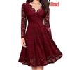 Womens Lace Dress New Solid Color V Neck Long Sleeve Big Swing Slim Midi Skirt Ladies Autumn and Winter Party Fashion Dresses