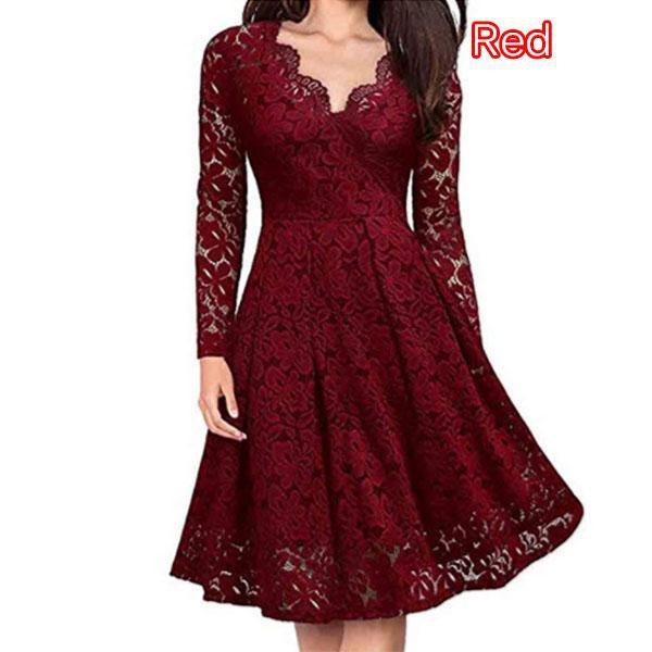 Womens Lace Dress New Solid Color V Neck Long Sleeve Big Swing Slim Midi Skirt Ladies Autumn and Winter Party Fashion Dresses