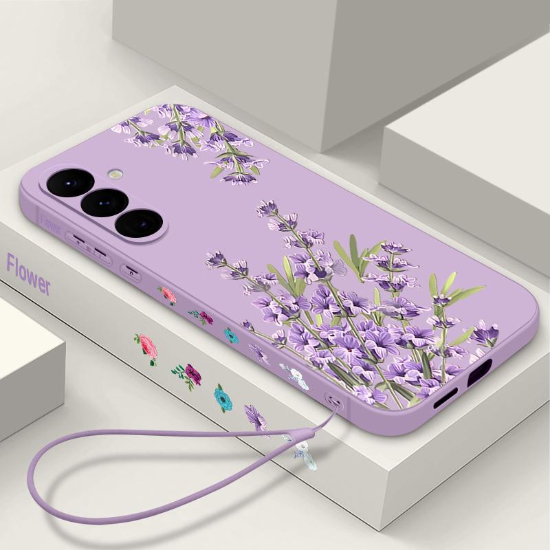 Floral Print Soft Matte Case Cover For Samsung S25 Ultra S24 FE S23 A56 A36 A16 A55 Lens Protection TPU Lanyard Shockproof Silicone Slim Phone Shell