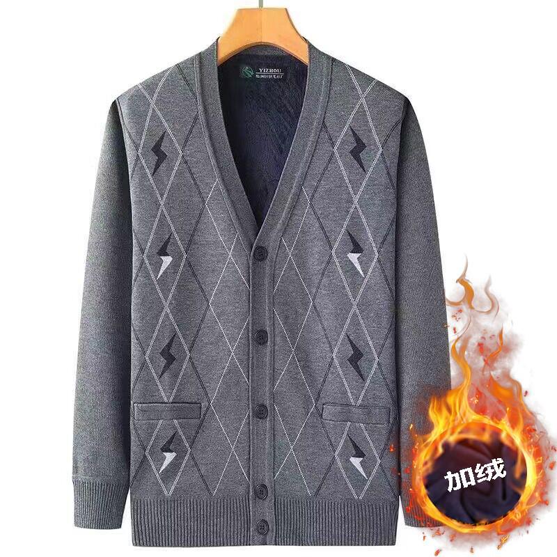 Men's V-Neck Knit Cardigan Sweater: Autumn-Winter Plus Velvet, Thickened, Loose Fit for Middle-aged & Elderly