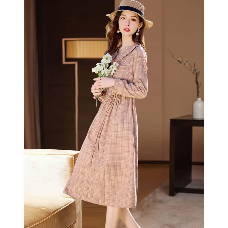 D.F.DEAR Women's 2026 Summer Plaid Peter Pan Collar Tie-Waist Long-Sleeve Dress
