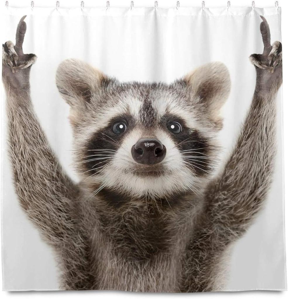 Funny raccoon shower curtain, animal themed pattern printed durable waterproof shower curtain bathroom decoration, 12 hooks