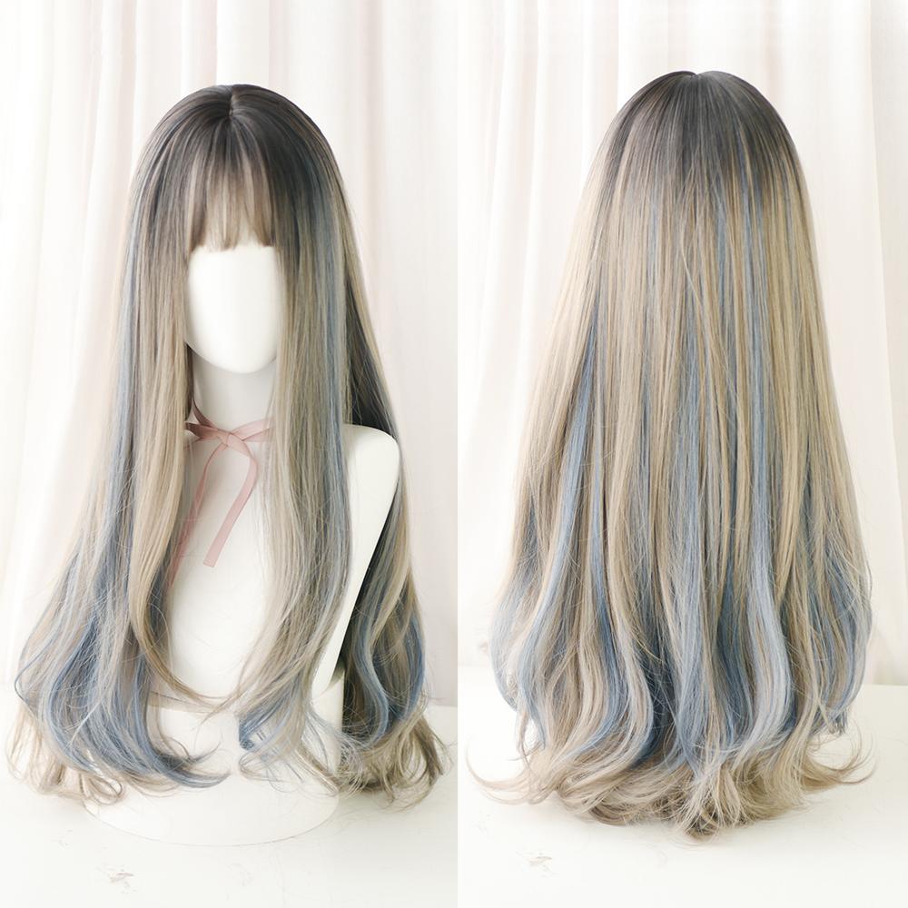 Lange Lockige Haare Damen Perücke mit Pony Täglich Braun Schwarz Rosa Lolita Cosplay Geflochtene Perücken Hitzebeständige Faser Party Kunsthaar