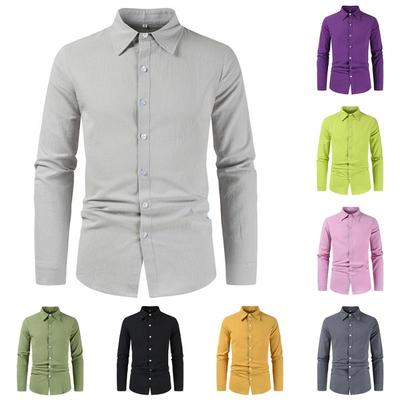 Pánska košeľa s dlhým rukávom z bavlny a ľanu, ležérna, jednofarebná, na gombíky, voľná topy