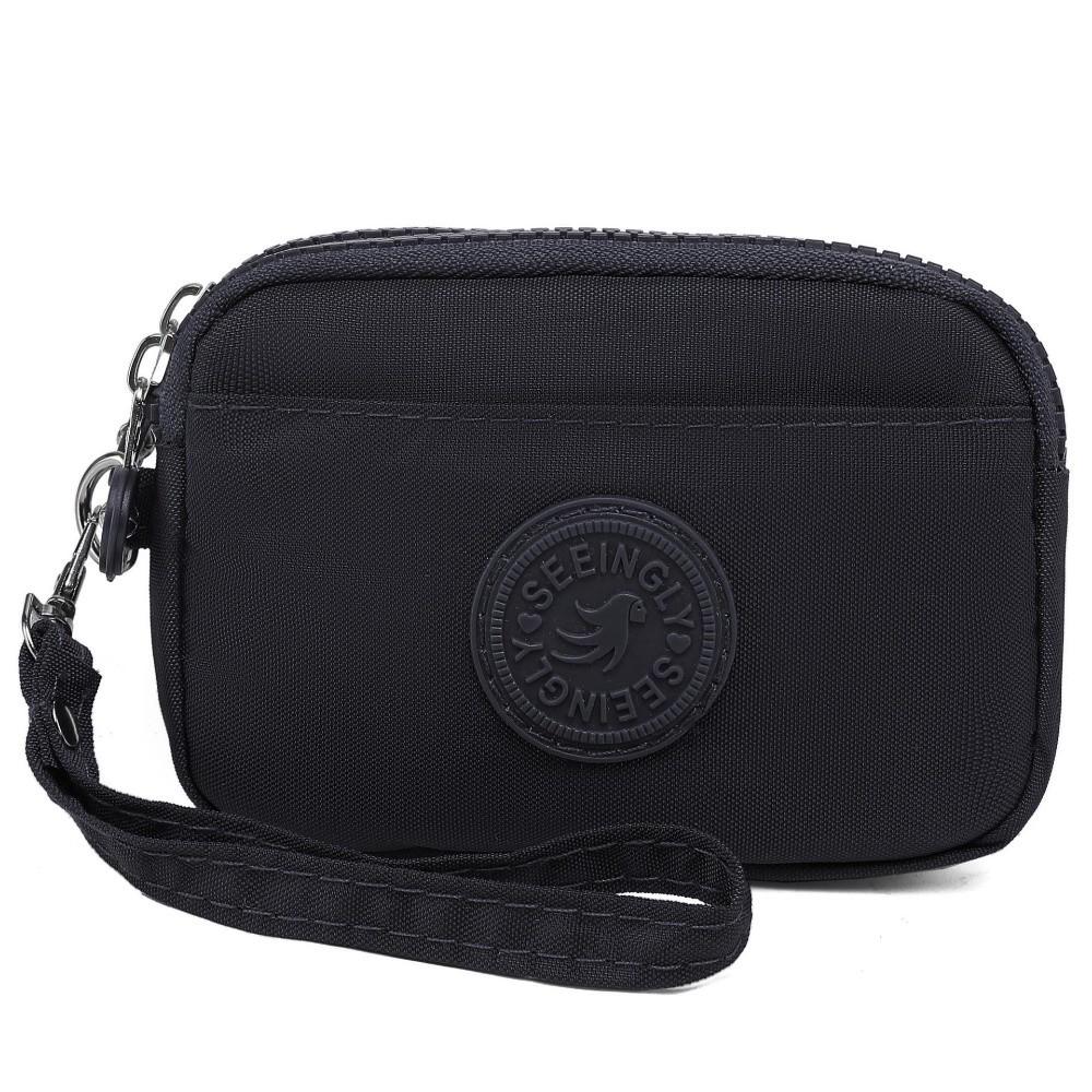 Portable Solid Color Women Wallet with Lanyard Waterproof Credit Card Holder Double Layer Nylon Zipper Clutch Ladies
