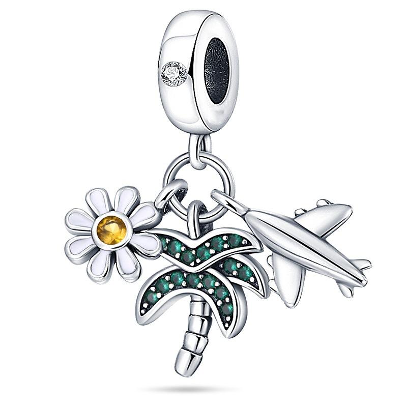 S925 Silver Travel Theme Airplane Luggage Camera Charm Beads DIY Bracelet Jewelry Accessories Set