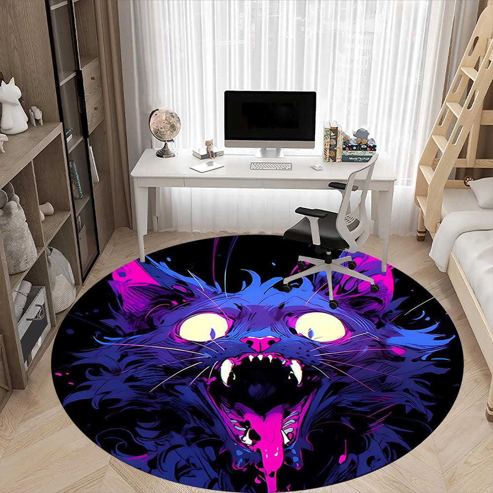 1PC Neon Kitty Office Round Area Rug, Indoor Mat Suitable ForOffice, Under Office Chairs Bedroom Living Room Home Decor, Room Deco F043