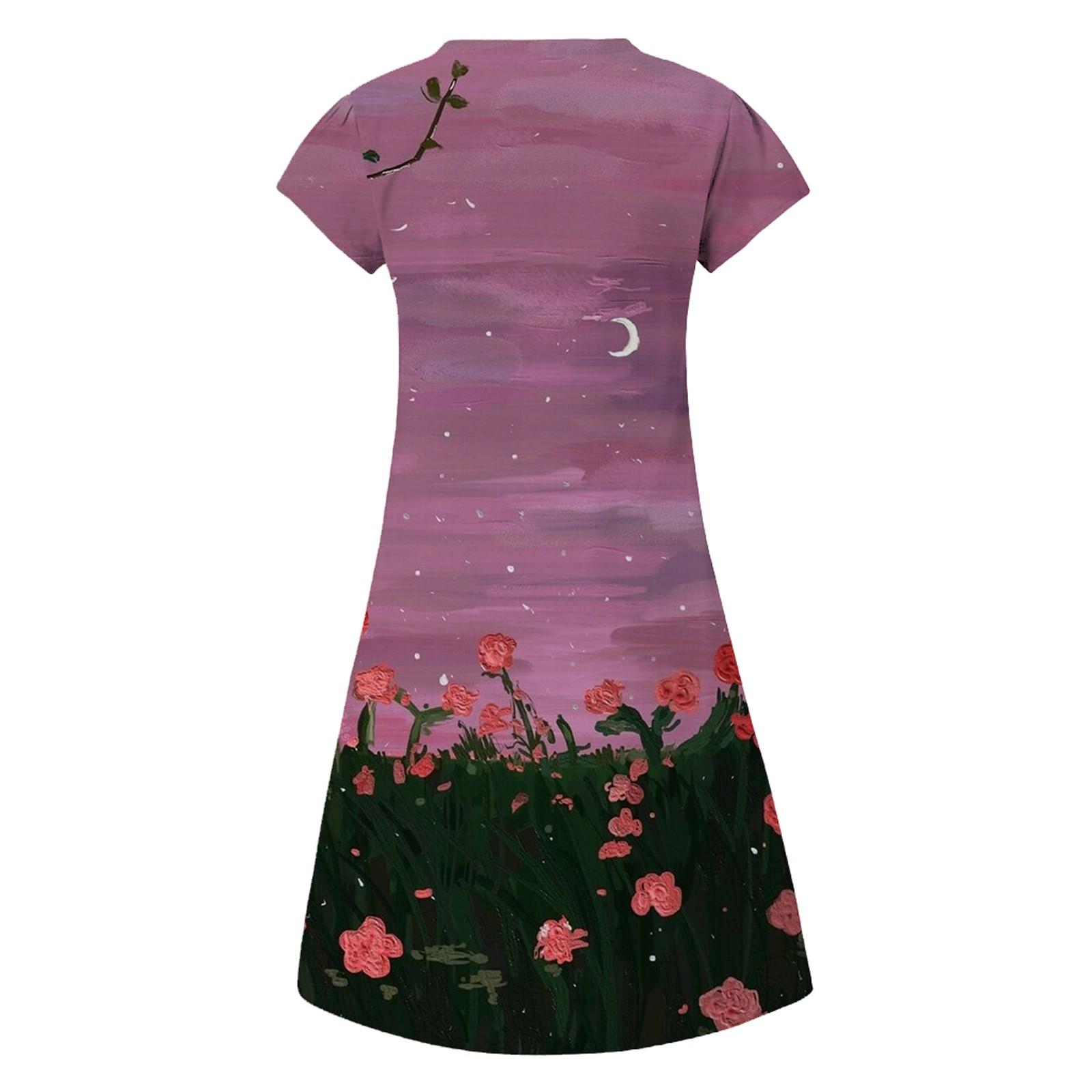 

(SU)Женское летнее повседневное модное свободное платье с v-образным вырезом и коротким рукавом с принтом