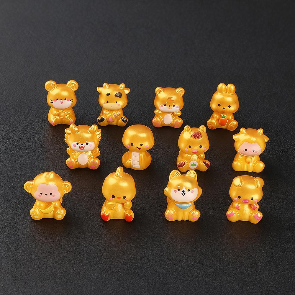 Cartoon Twelve Zodiac Gold Resin Small Ornaments Micro Landscape Creative Home Desktop Office Ornaments Animal Chinese Crafts