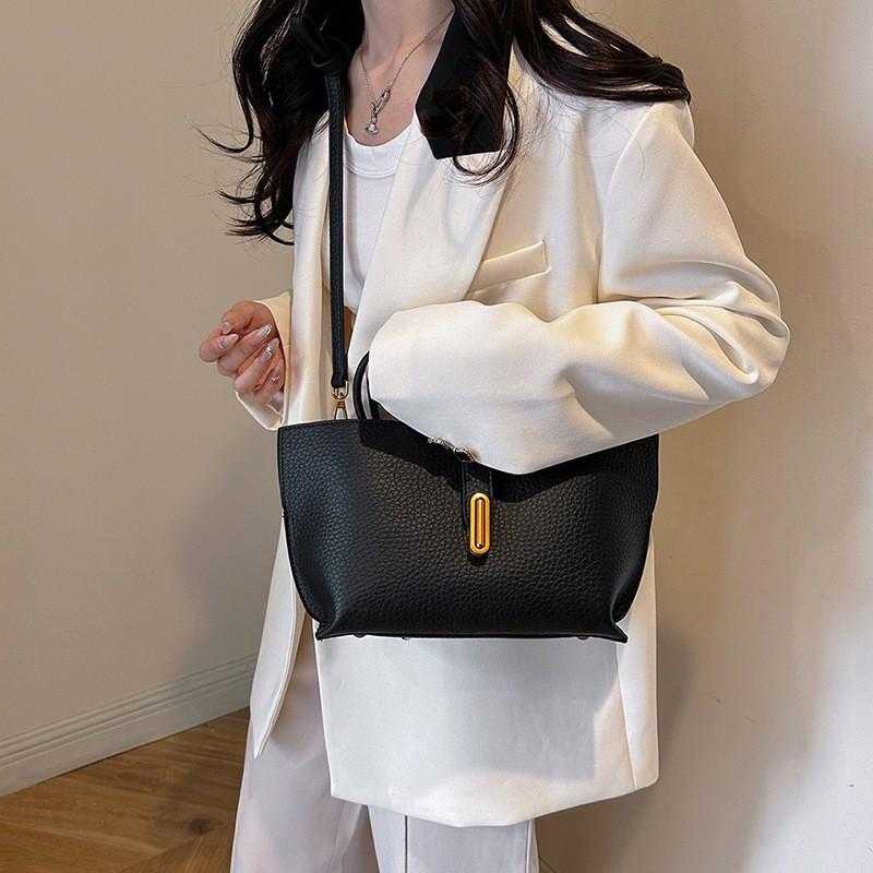 Womens PU Leather Bucket Bag With Detachable Handle Crossbody Strap Minimalist Solid Color Daily Tote Office Commute
