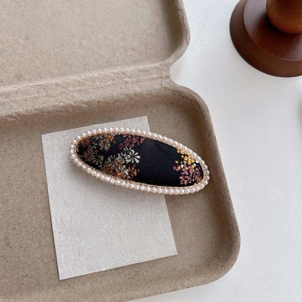 

Gold Silk Fabric Pearl Inlay Hairpin Chinese Style Silk Hair Clip Vintage Songzhen Hair Clip Girls Style B Black