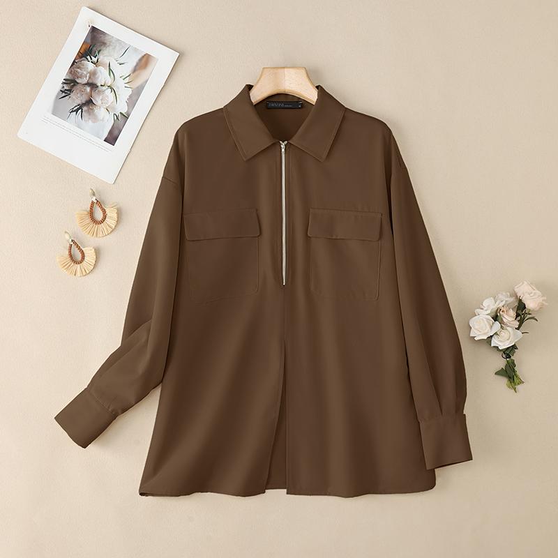 ZANZEA Women Turn Down Collar Loose Casual Long Sleeve Zipper Blouse