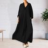 Autumn Spring Women Maxi Dress A-line Relaxed Fit Hem Long Sleeves V-Neck Pleated with Side Pockets Pullover Pure Color Daily Wear Dre