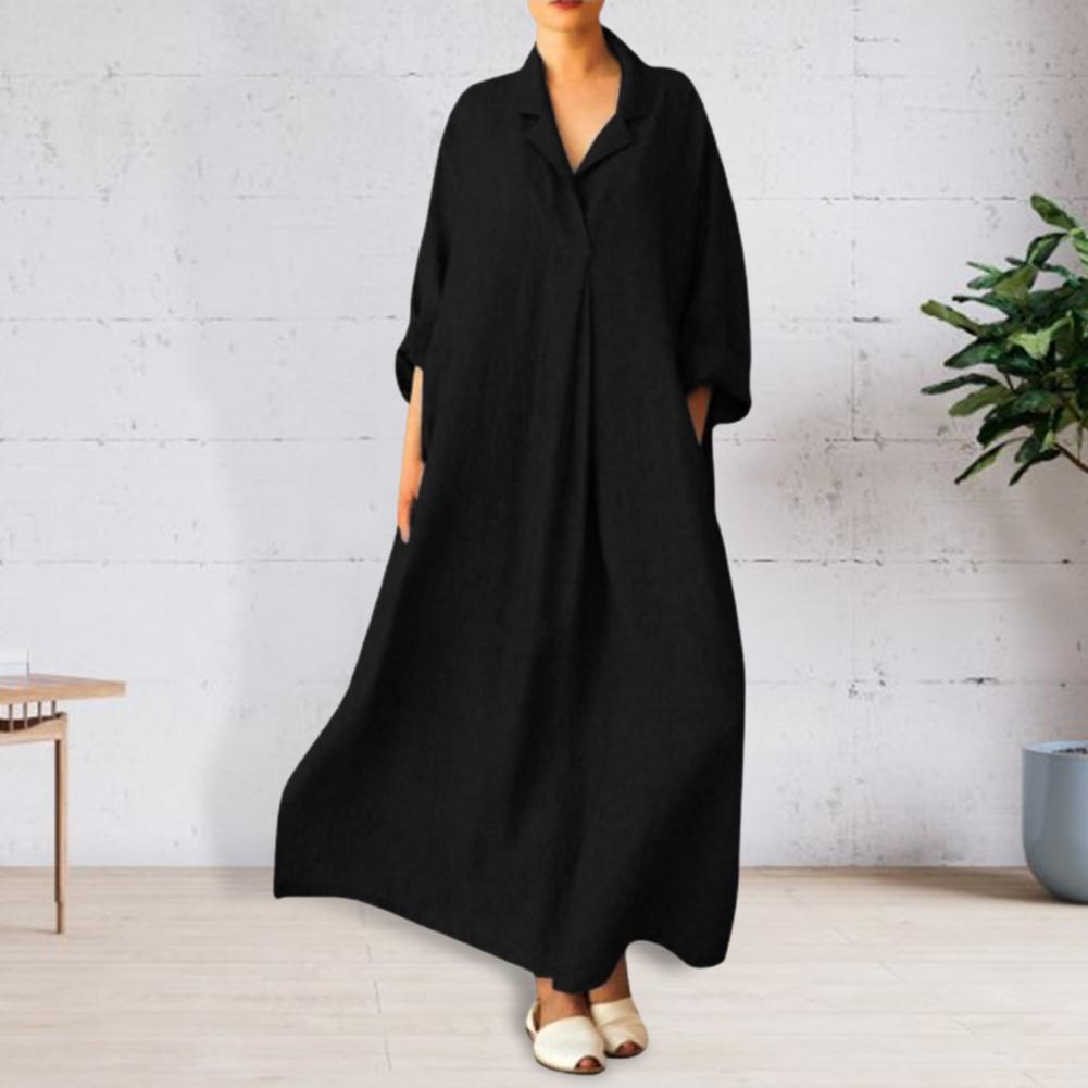 Autumn Spring Women Maxi Dress A-line Relaxed Fit Hem Long Sleeves V-Neck Pleated with Side Pockets Pullover Pure Color Daily Wear Dre