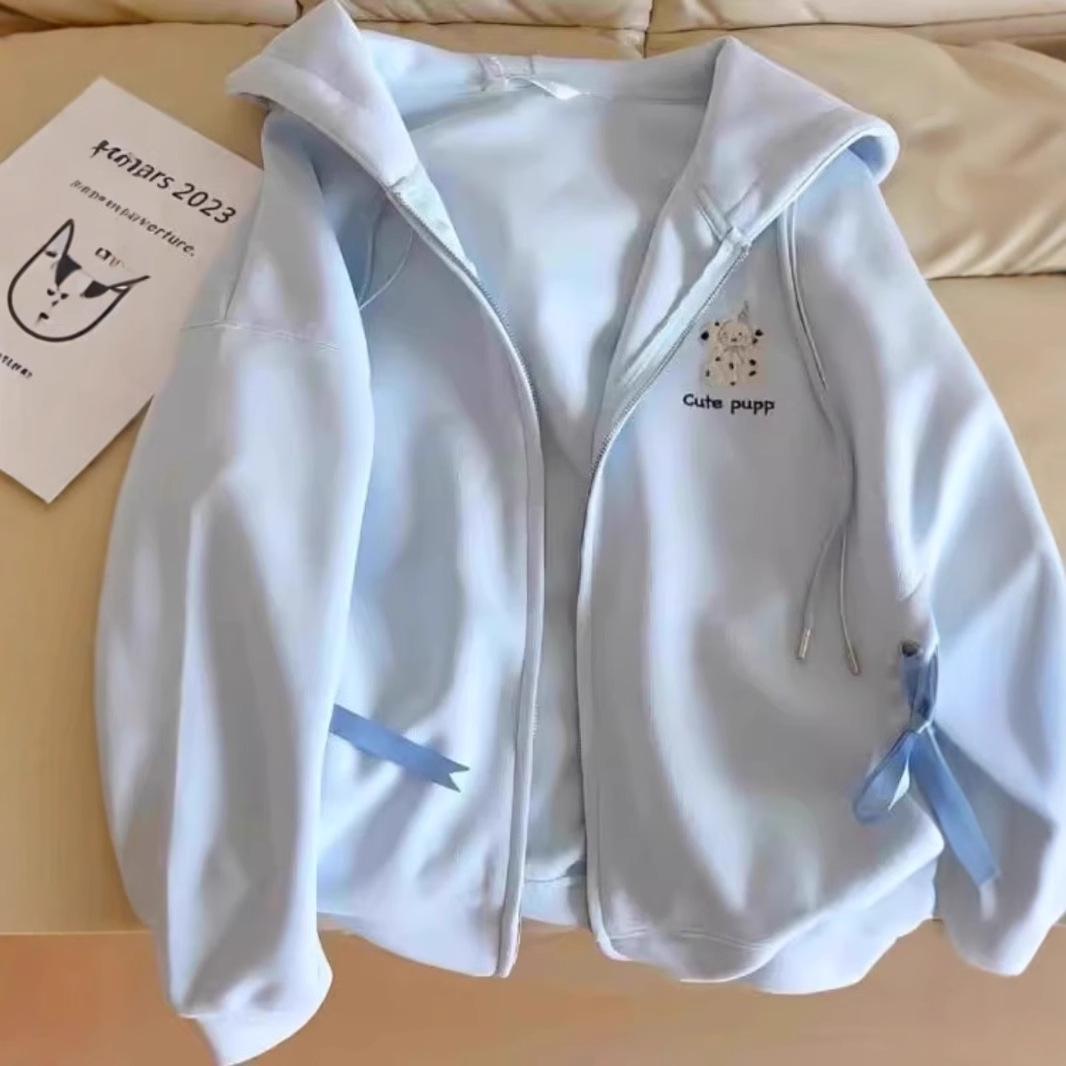 

Women s Light Blue Bow Embroidered Hooded Cardigan (Loose Fit, Autumn 2024) M