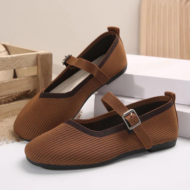 Seasons Women's Shoes Elegant Ballet Flats Fashion Pumps Buckle Strap Mary Jane Shoes Knitted Fabric Casual Shoes Ladies Loafers