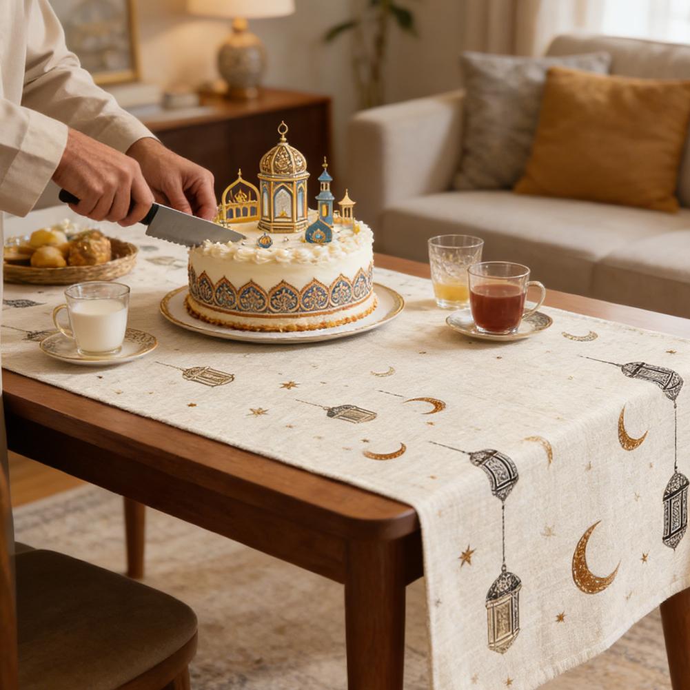 Moon Star Lantern Ramadan Table Runner, Kitchen Dining Table Decoration For Eid Muslim Festival Home Party Decor