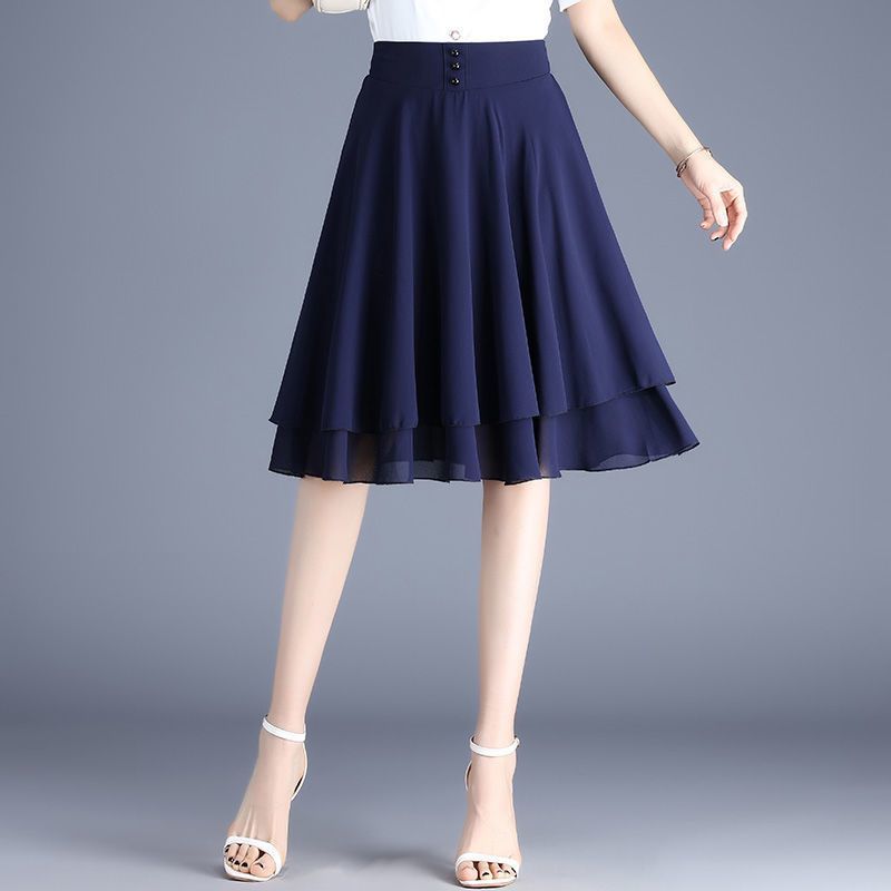 Gonna midi a trapezio nera in chiffon estiva da donna a vita alta