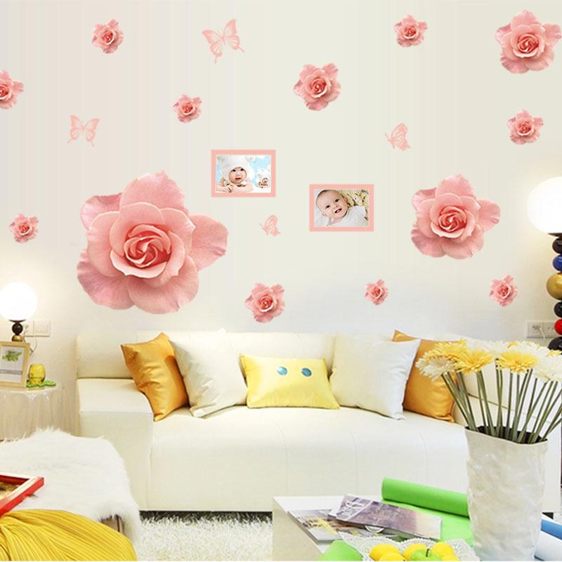 Pink Flowers Self Adhesive Wall Sticker Romantic Wedding Room Decor for Living Room Bedroom TV Background Home Decoration