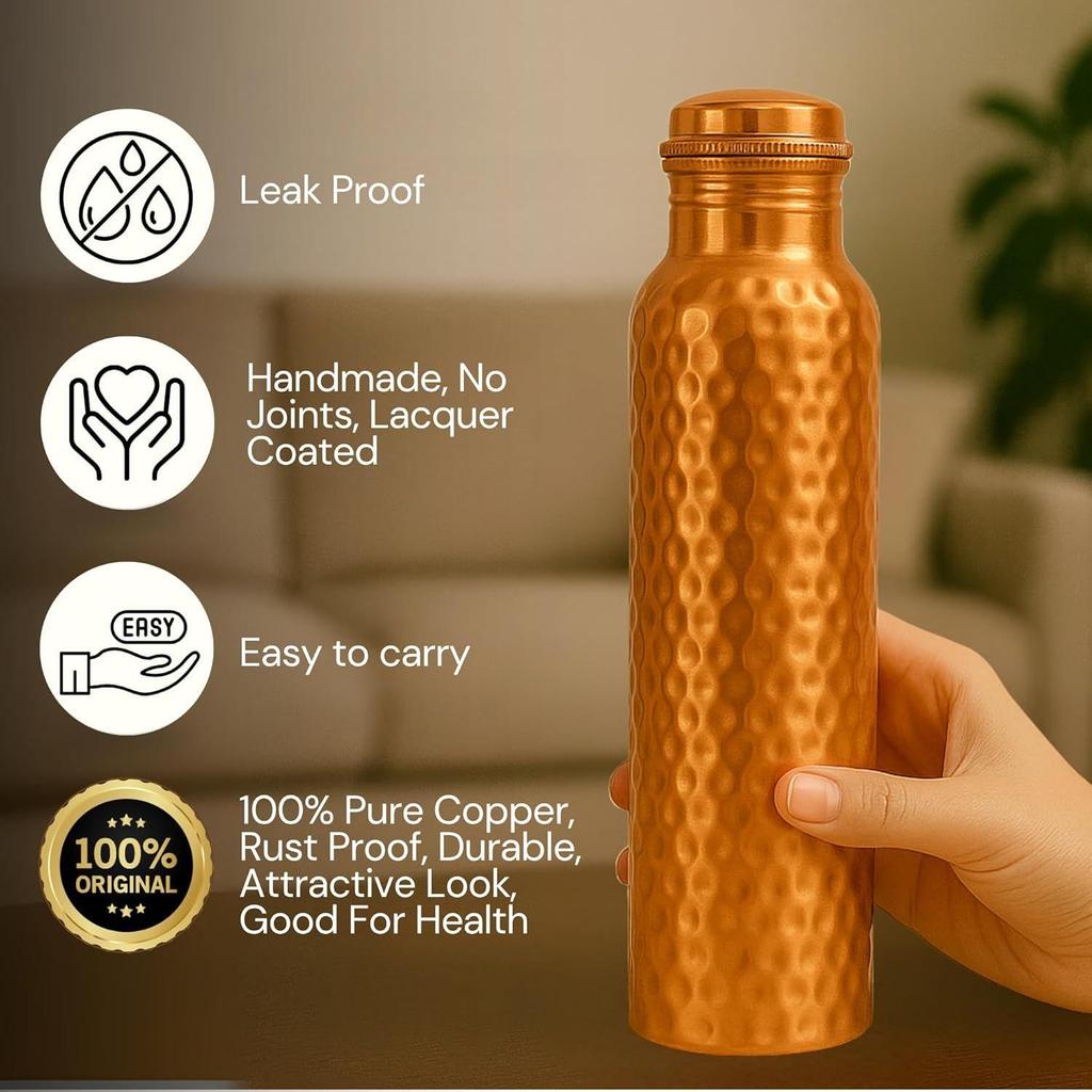 Copper Water Bottle 1 Ltr | Copper Bottle for Men & Women  | BPA Free & Leak Proof | Easy to Carry | Suitable for Yoga, School & Office