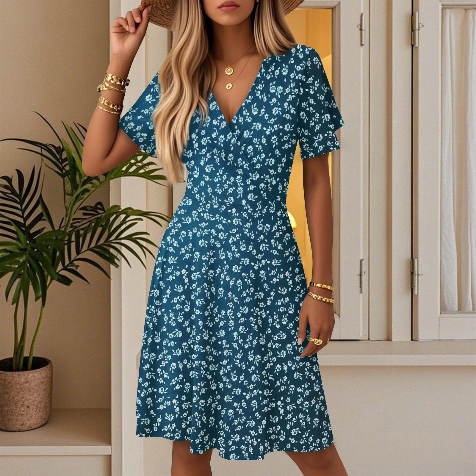 

Women s Summer Fashion Floral Print Dress Casual Beach A-Line V-Neck Loose Sundress L
