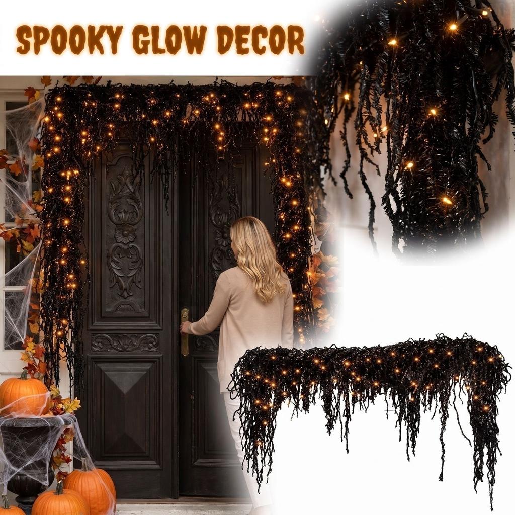 Black Plastic Rain Curtain with Lights, Halloween Party Door Curtain, Horror Themed Wall Decor with Streamers