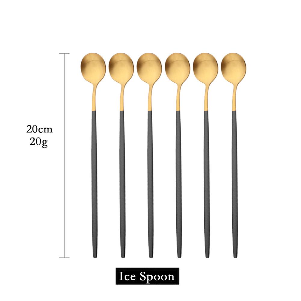 6Pcs Matte Black Long Hangdle Spoon For Stirring Drink Steainless Steel Gold Dinnerware Tableware Cutlery Ice Cream Spoon Set