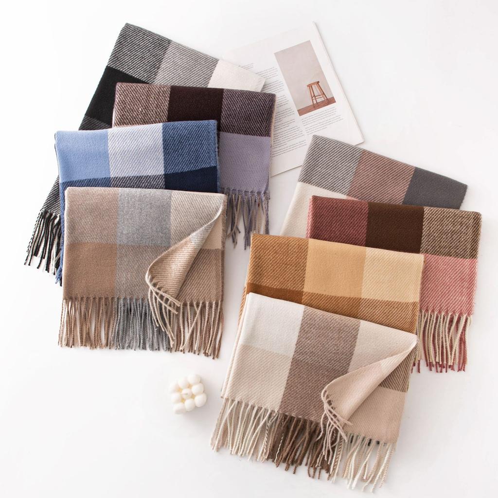 Winter New Plaid Scarf Printed Tassel Imitation Cashmere Scarf Fashionable Sweet Shawl Mid Length Thick Warm Scarf